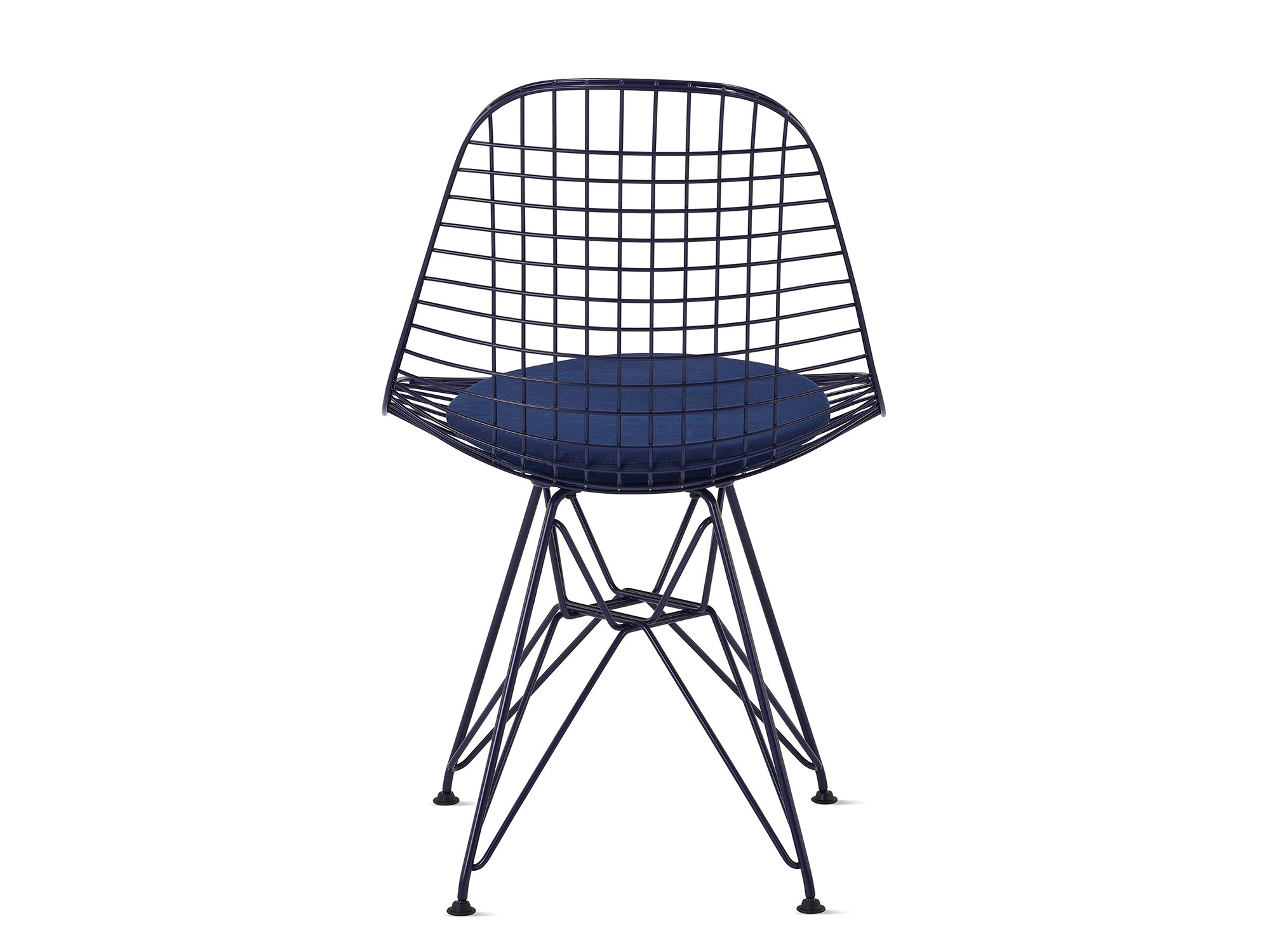 Black blue wire upholstered chair with wire base back view